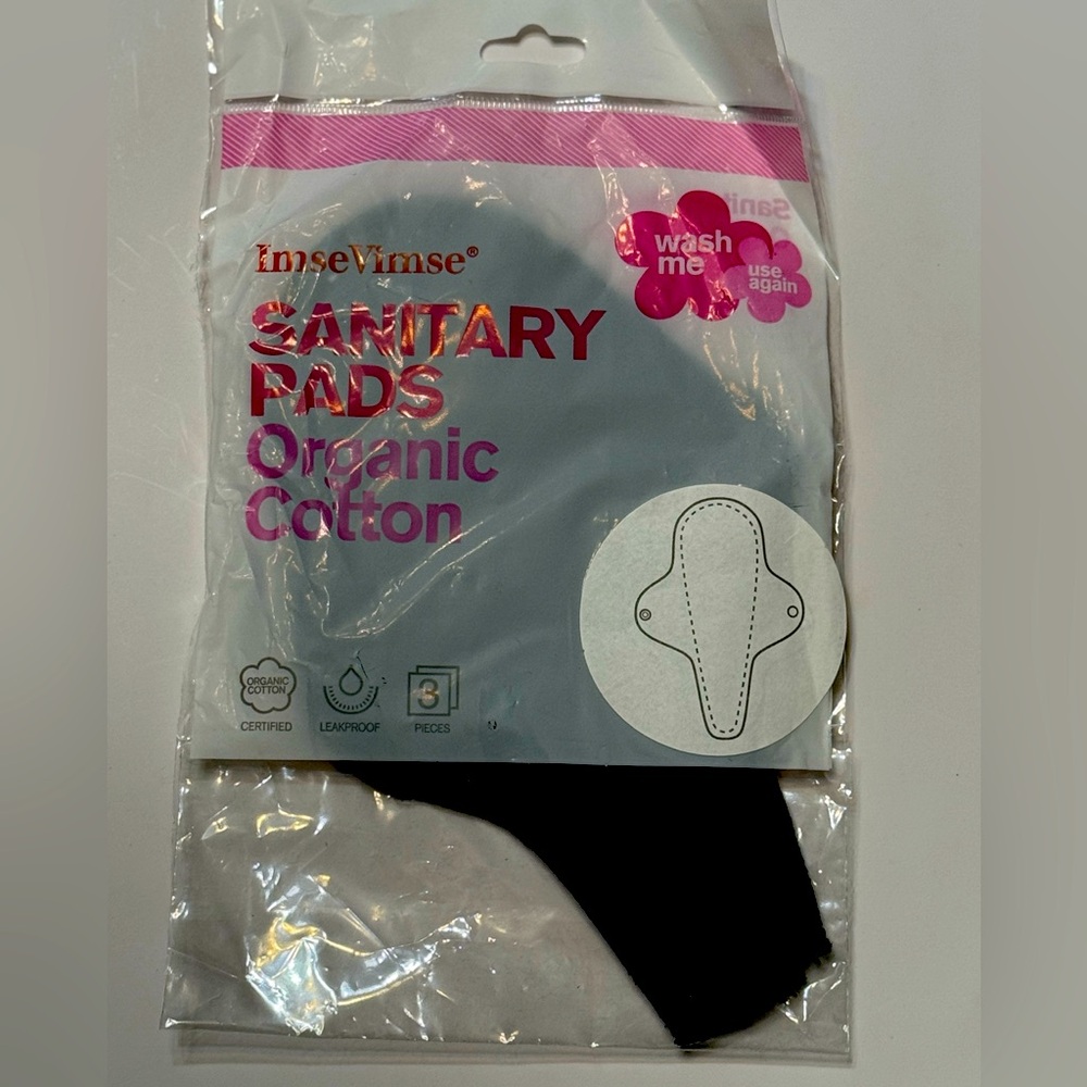 Organic Cotton Sanitary Pads 3pk. Black, thong